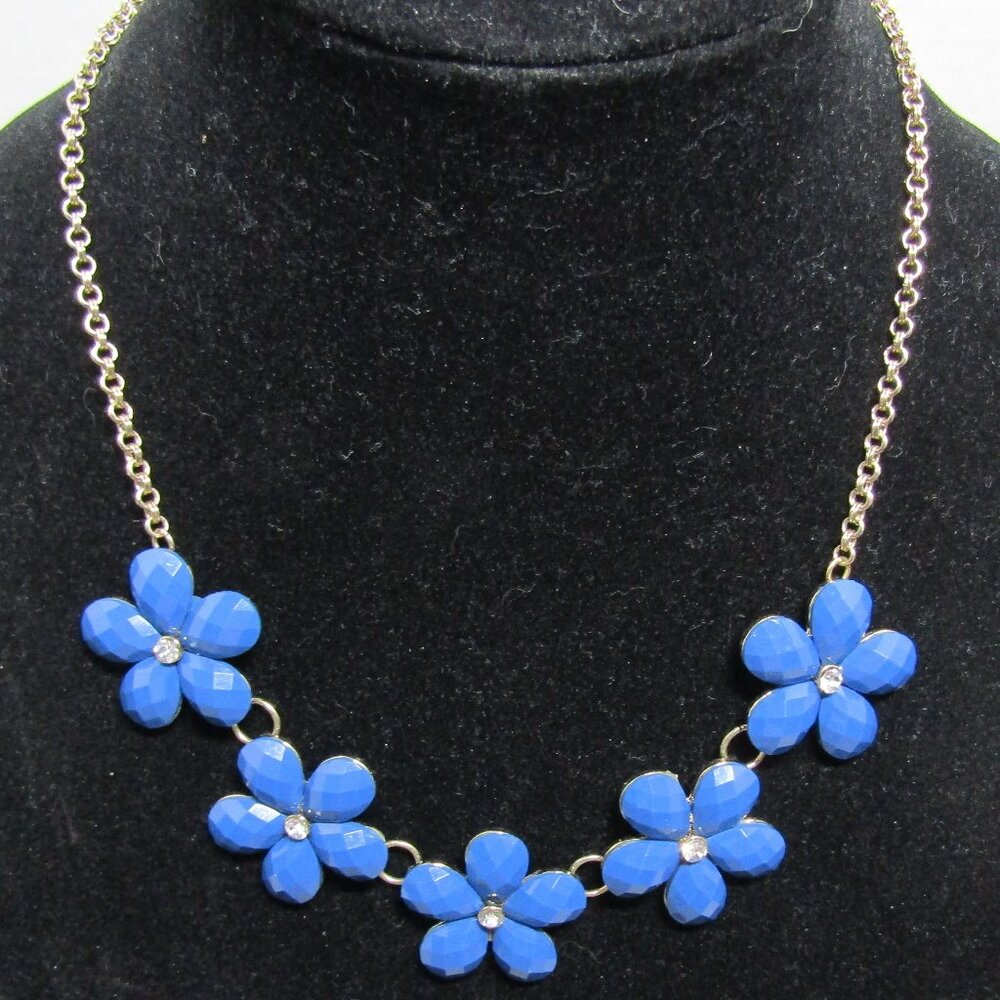 Vintage Necklace Acrylic faceted blue flowers w/ rhinestones 1980 Y2K 19 inches